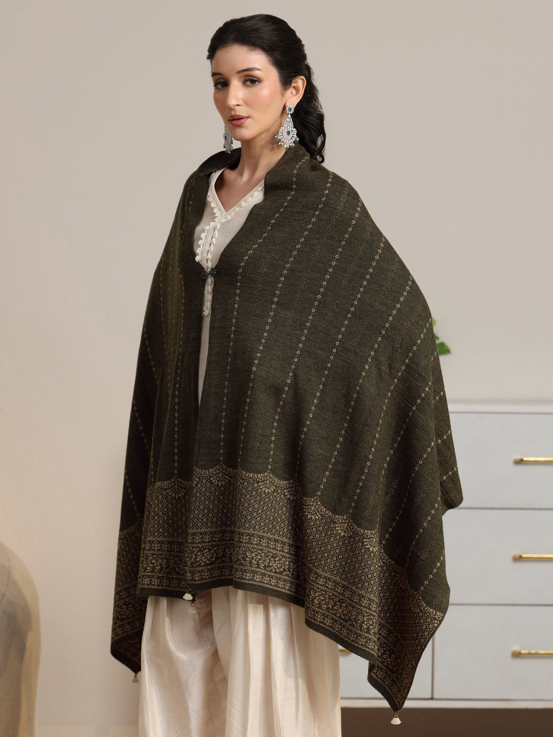  Libas Olive Green Embrodiered Acrylic Wrap Shawl 