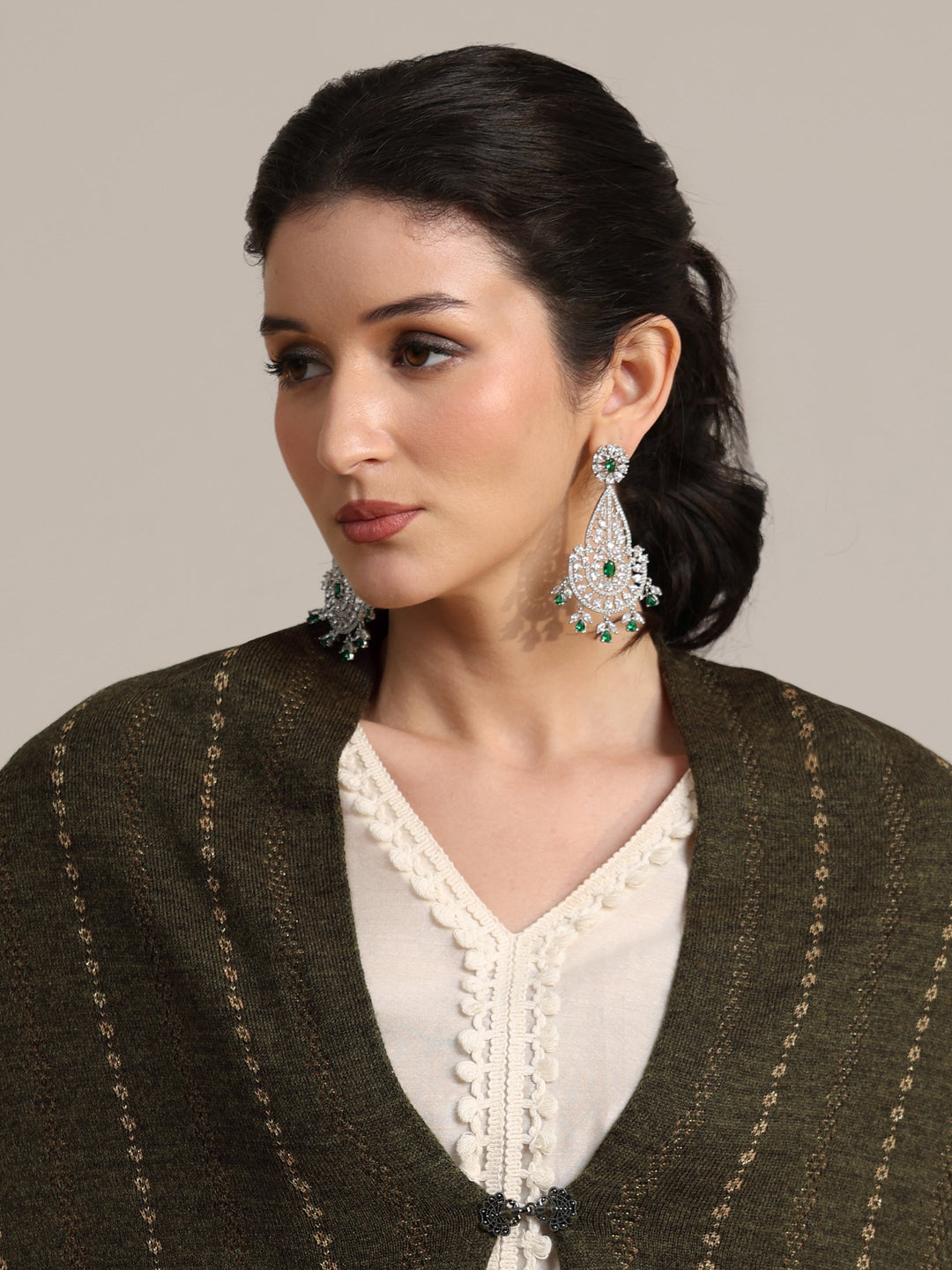  Libas Olive Green Embrodiered Acrylic Wrap Shawl 