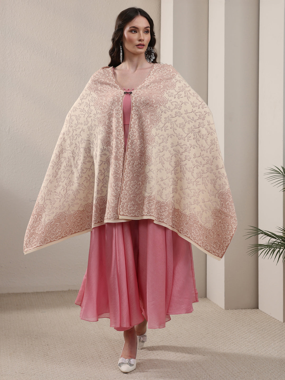  Libas Off White Floral Embroidered Acrylic Wrap Shawl 