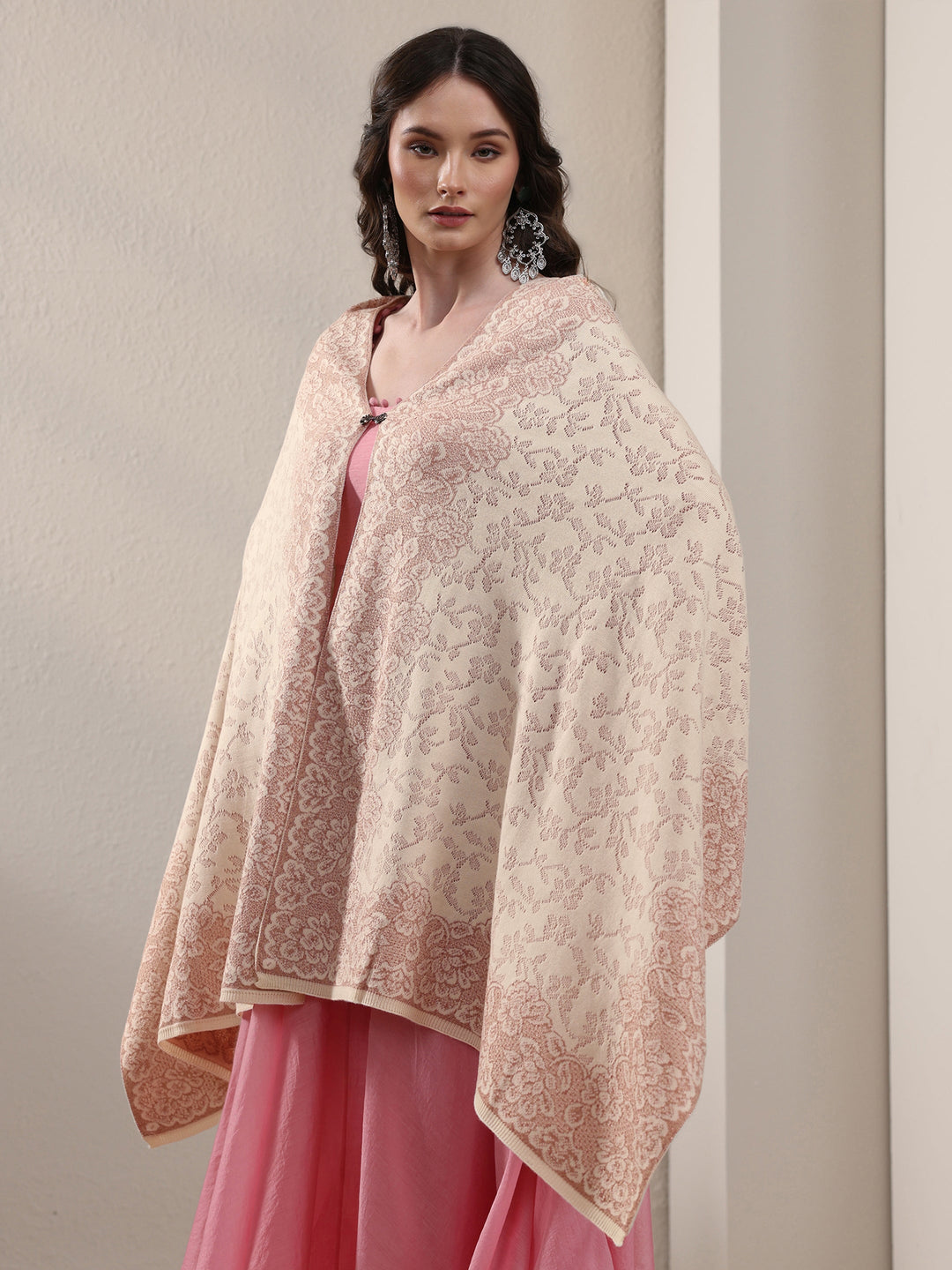  Libas Off White Floral Embroidered Acrylic Wrap Shawl 