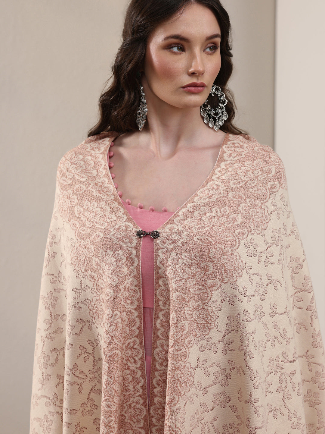  Libas Off White Floral Embroidered Acrylic Wrap Shawl 