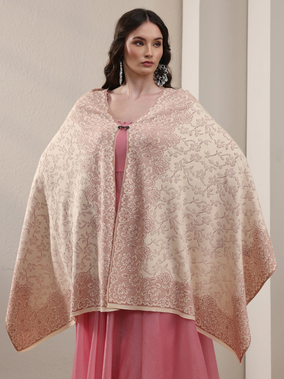 Libas Off White Floral Embroidered Acrylic Wrap Shawl 