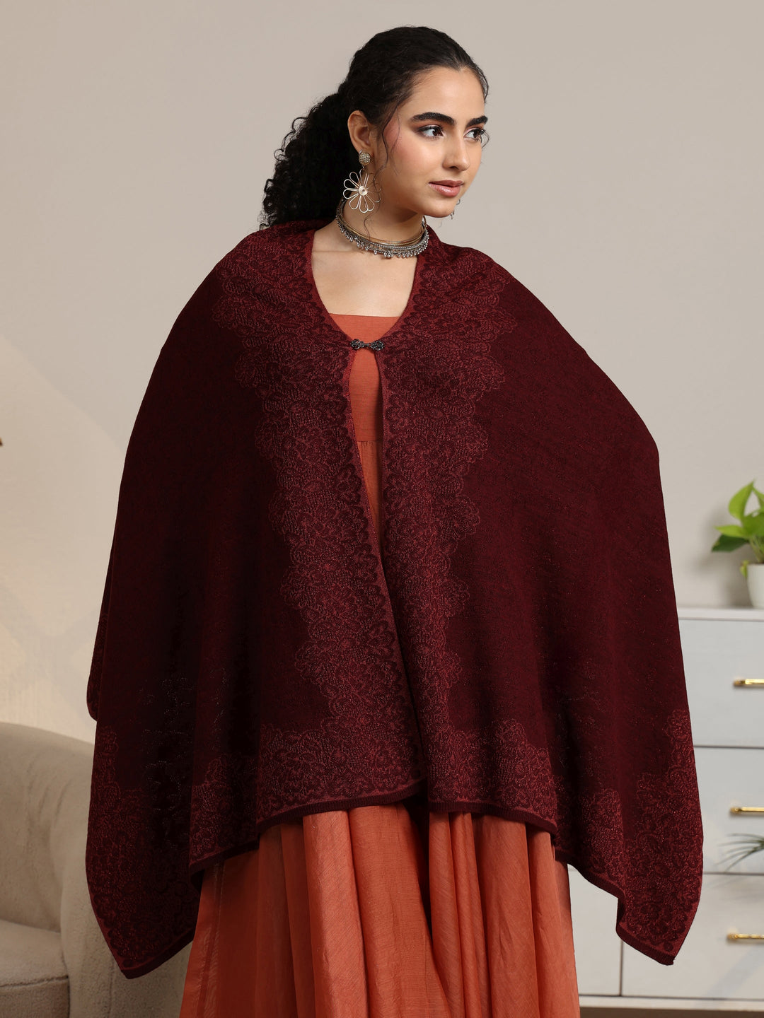  Libas Maroon Floral Knitted Acrylic Wrap Shawl 