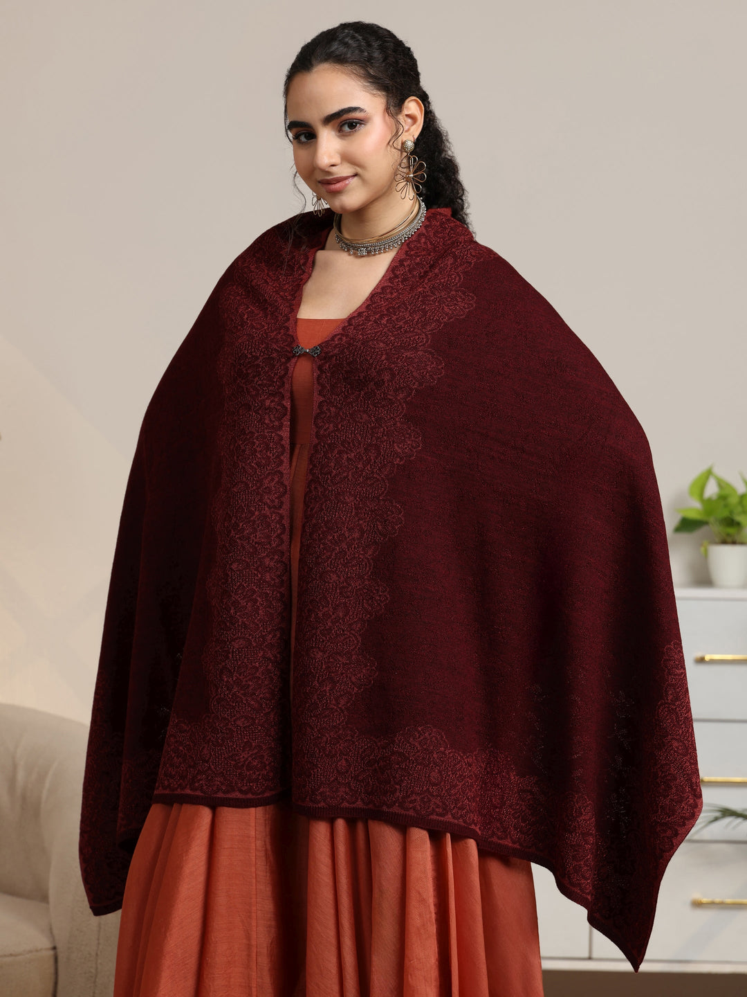  Libas Maroon Floral Knitted Acrylic Wrap Shawl 