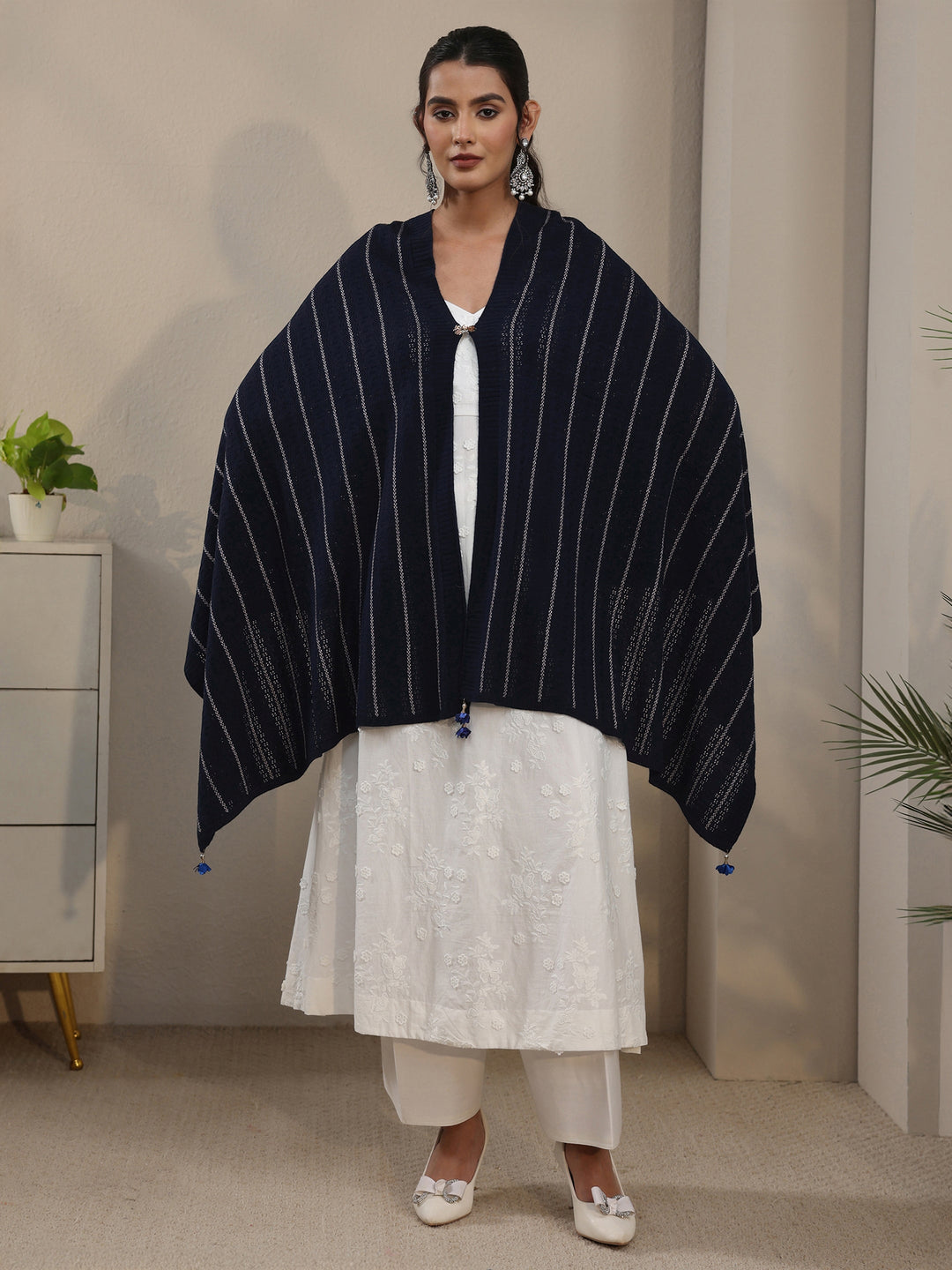  Libas Navy Blue Striped Embroidered Acrylic Wrap Shawl 