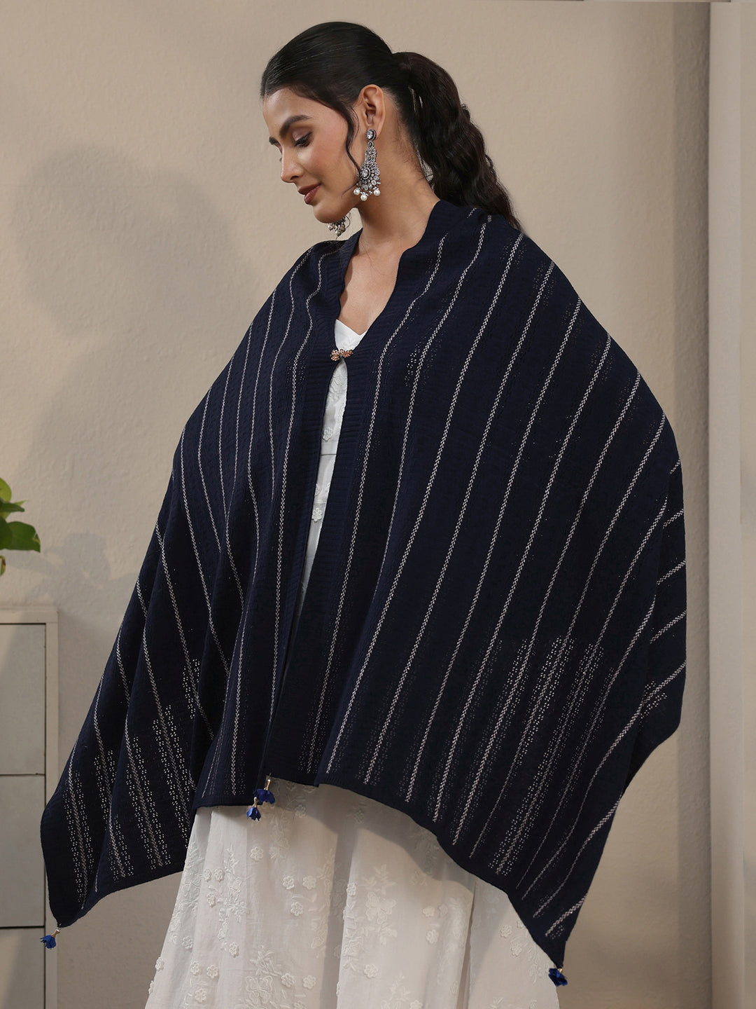  Libas Navy Blue Striped Embroidered Acrylic Wrap Shawl 