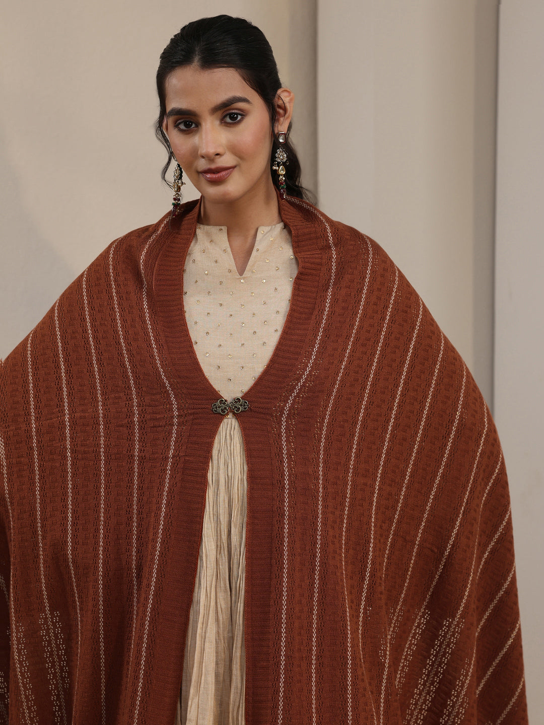  Libas Rust Brown Striped Embroidered Acrylic Wrap Shawl 