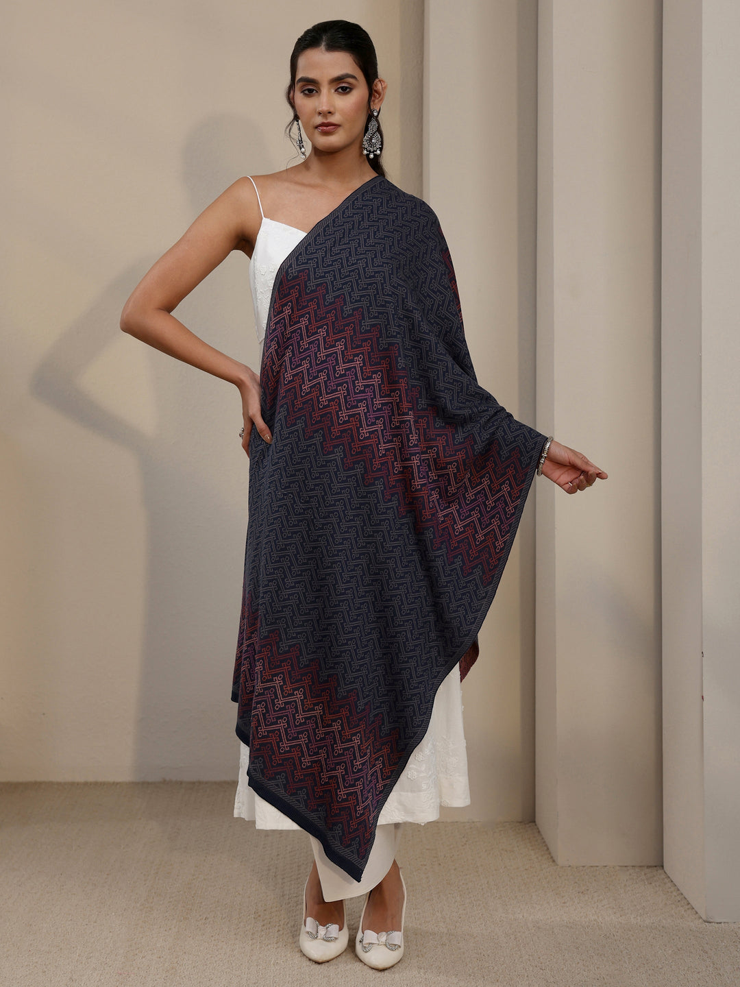  Libas Navy Blue Ethnic Embroidered Acrylic Shawl 