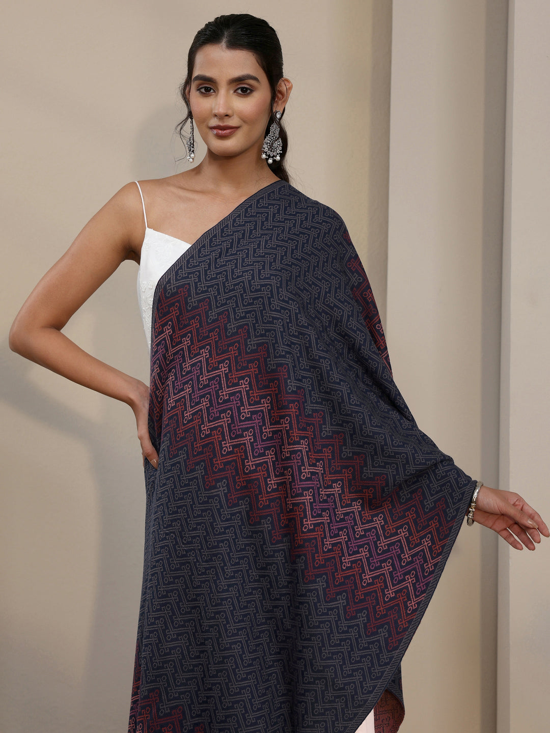  Libas Navy Blue Ethnic Embroidered Acrylic Shawl 
