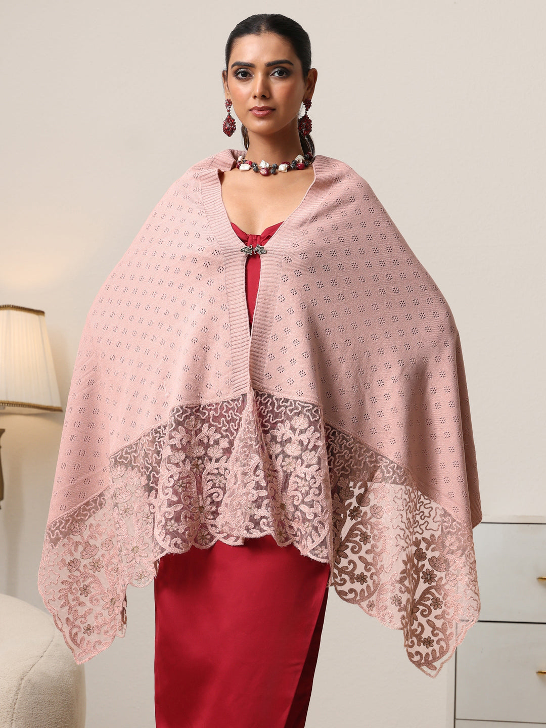  Libas Baby Pink Knitted Acrylic Wrap Shawl with Lace Border 