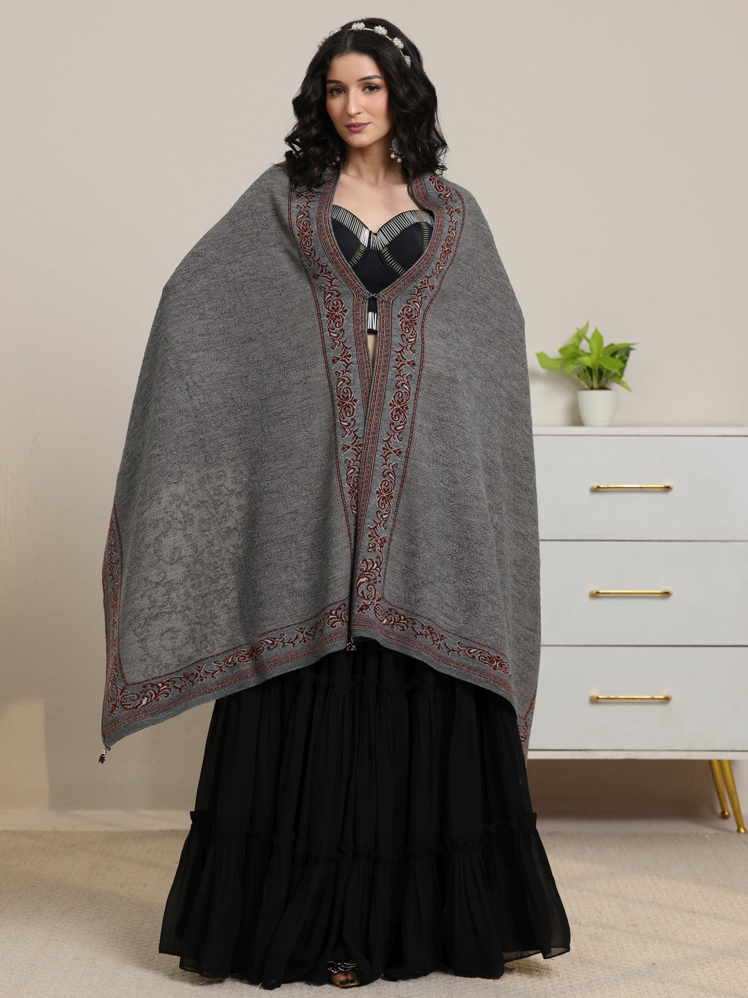  Libas Grey Knitted Acrylic Wrap Shawl 