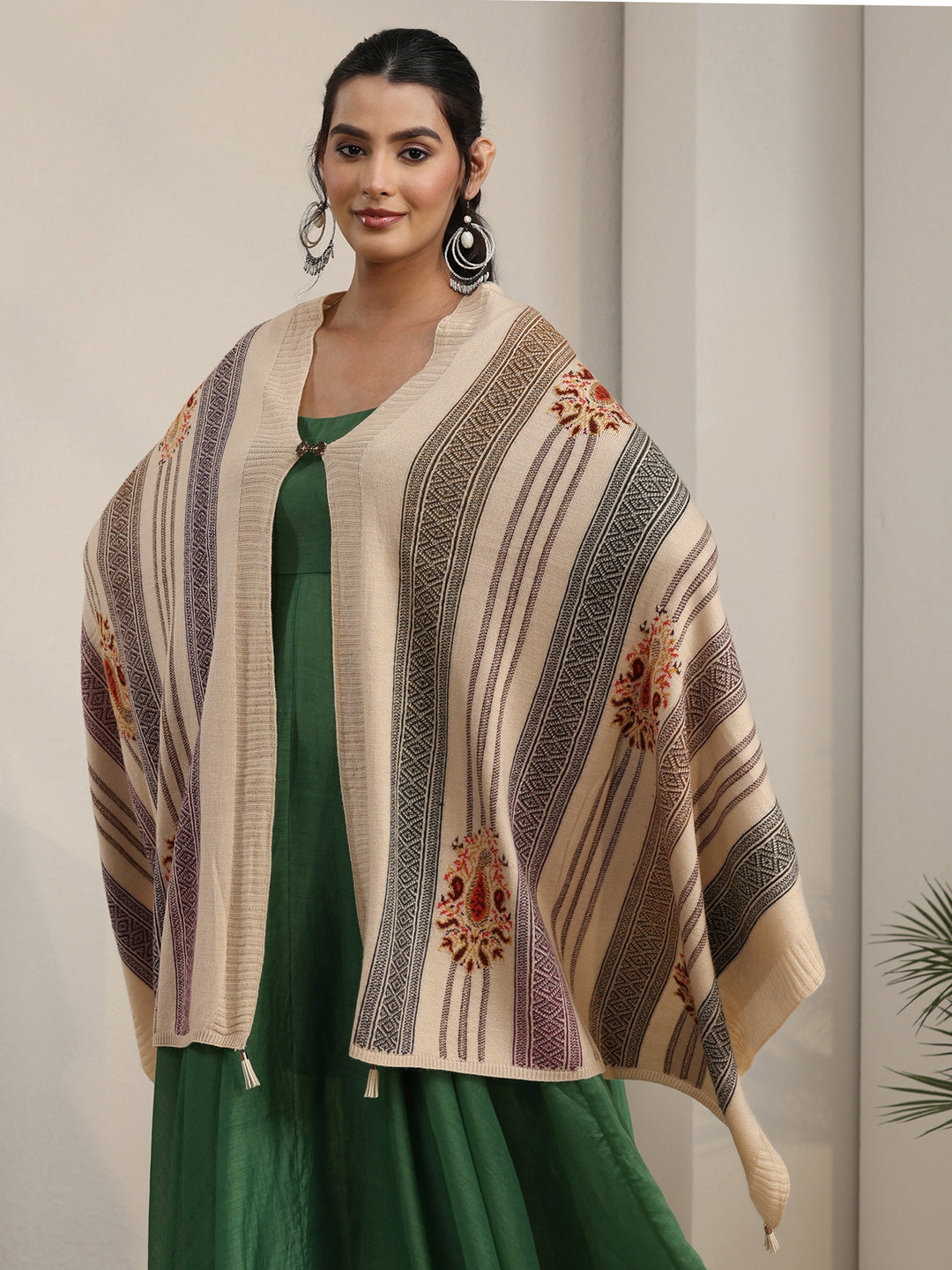  Libas Off White Ethnic Embroidered Acrylic Wrap Shawl 