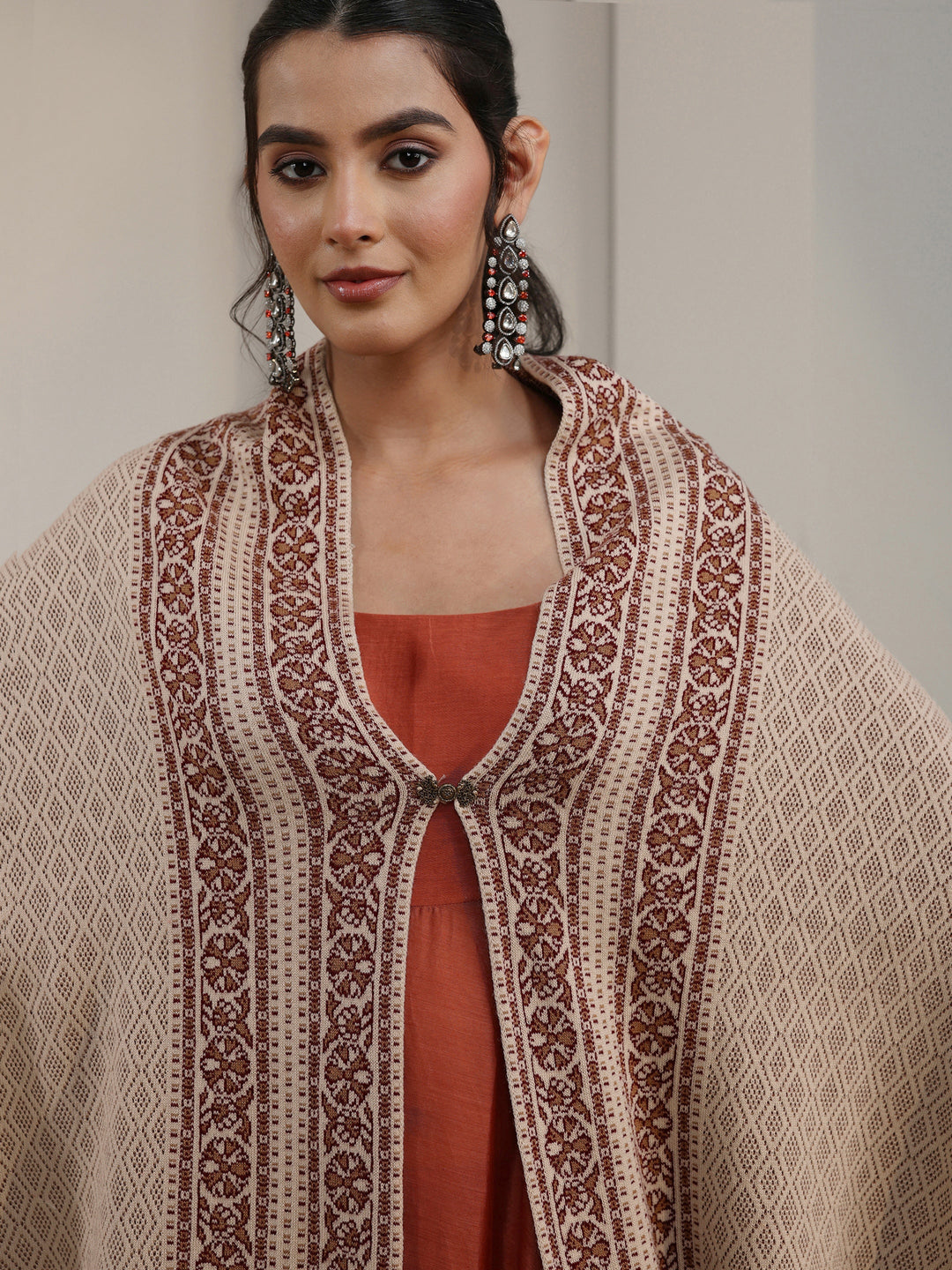  Libas Beige Ethnic Embroidered Acrylic Wrap Shawl 