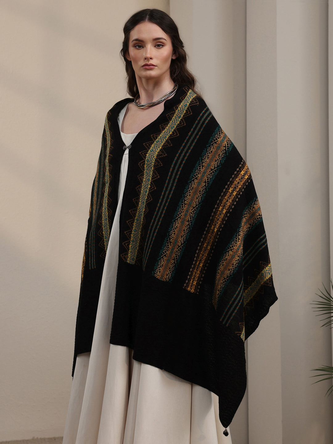  Libas Black Ethnic Striped Embroidered Acrylic Wrap Shawl 