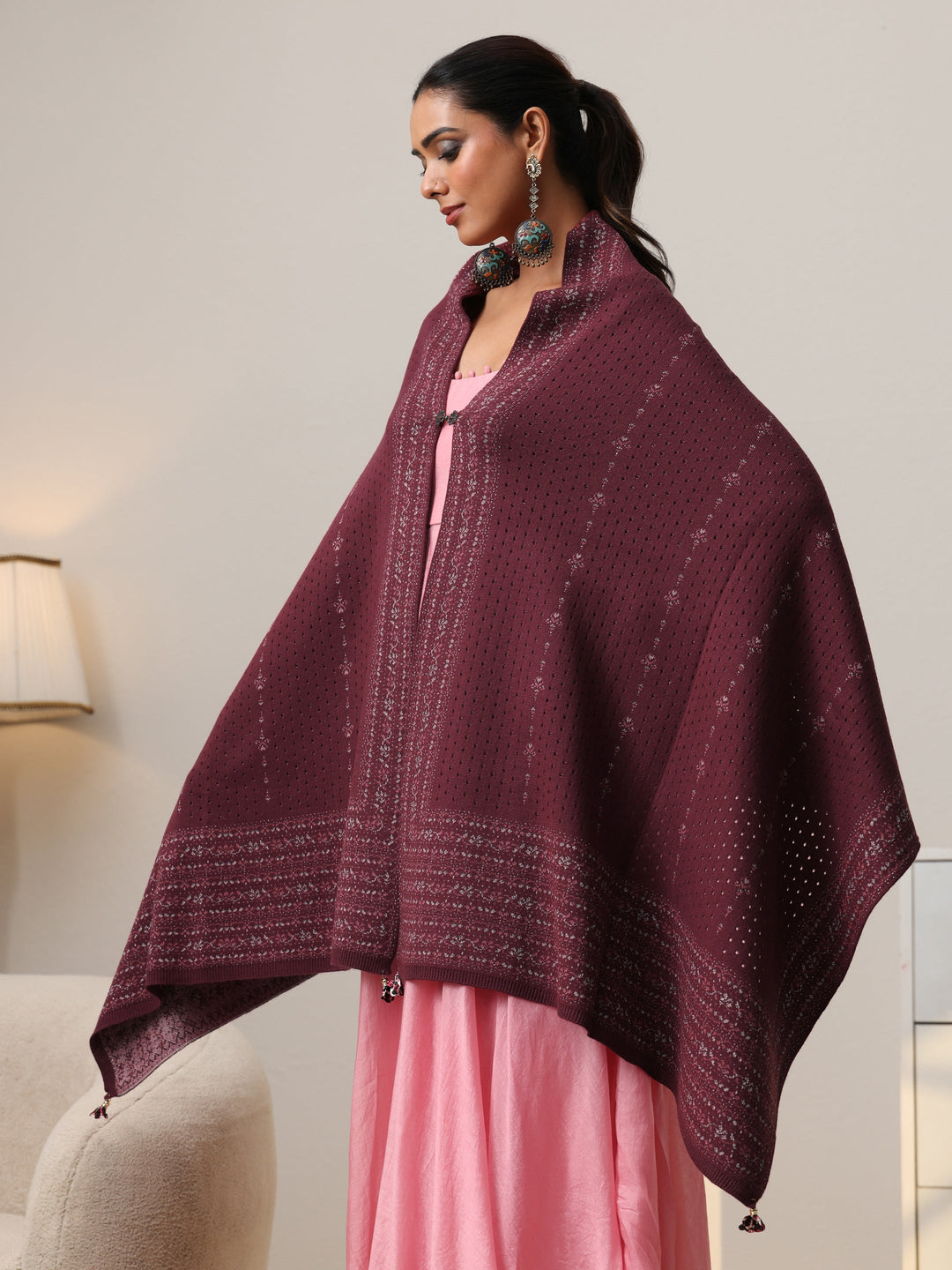  Libas Mauve Knitted Acrylic Wrap Shawl 