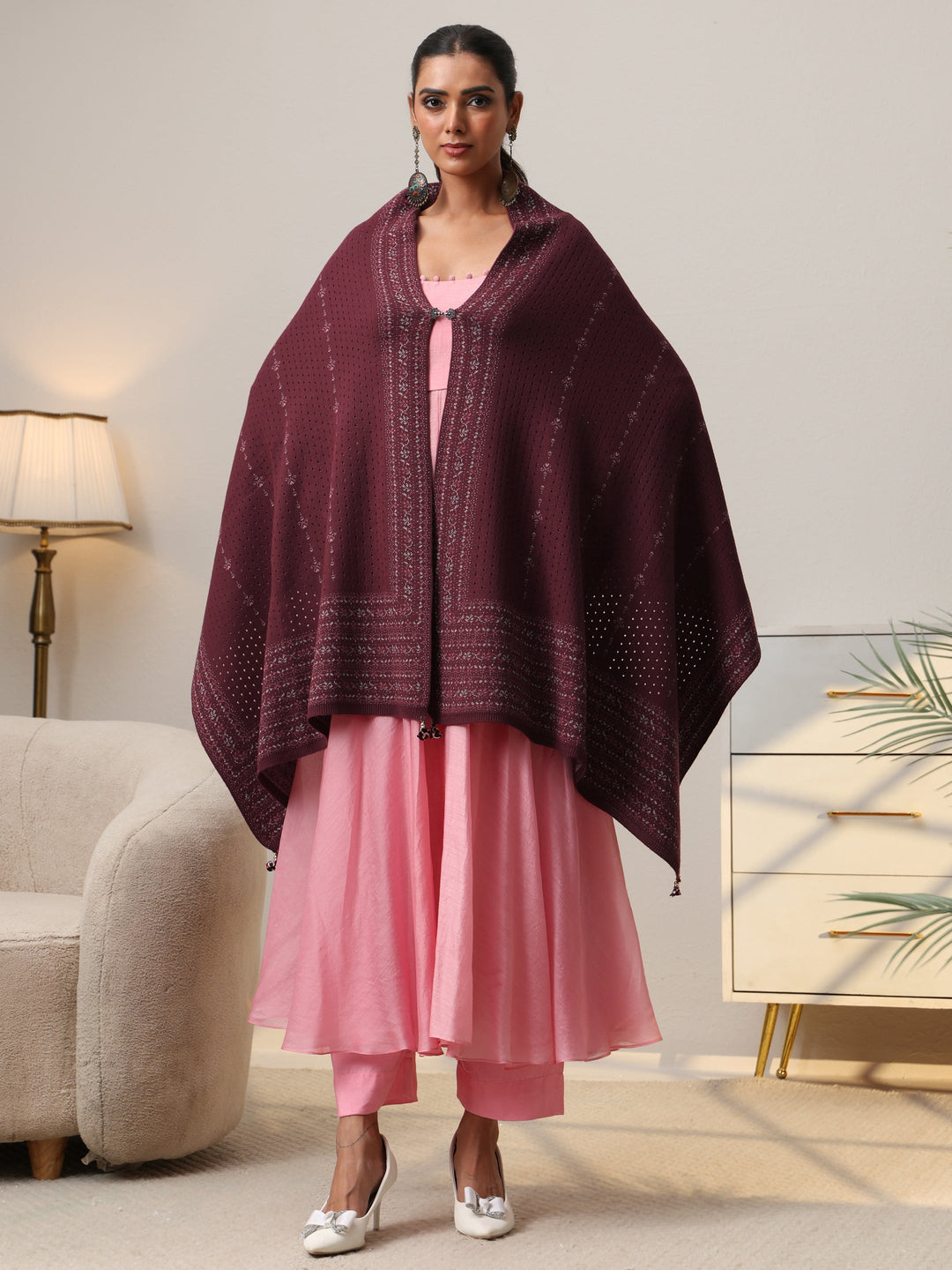  Libas Mauve Knitted Acrylic Wrap Shawl 