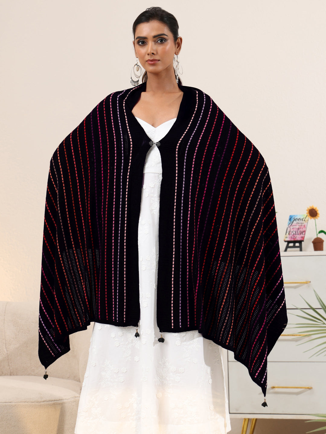  Libas Black Striped Knitted Acrylic Wrap Shawl 