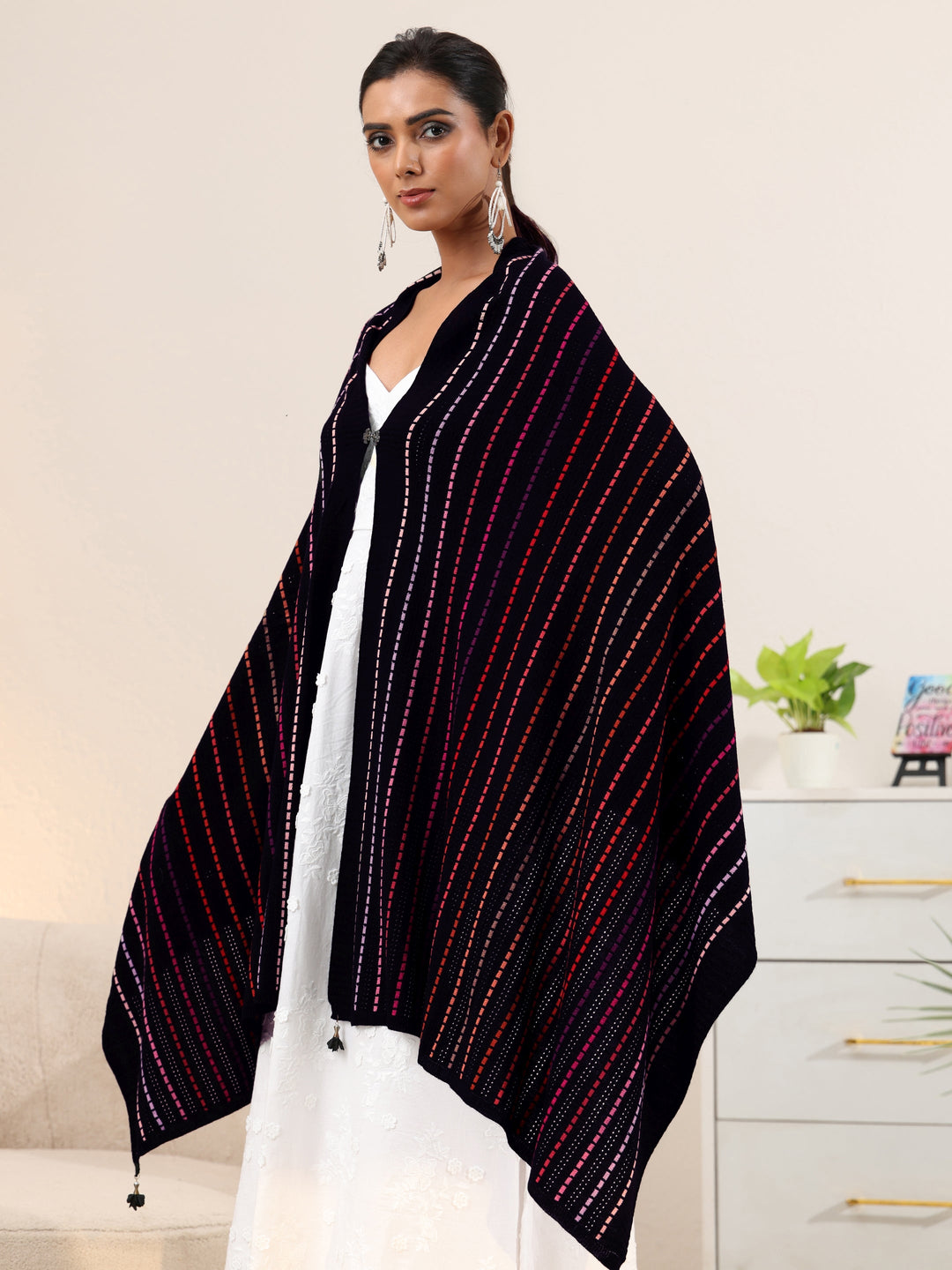  Libas Black Striped Knitted Acrylic Wrap Shawl 