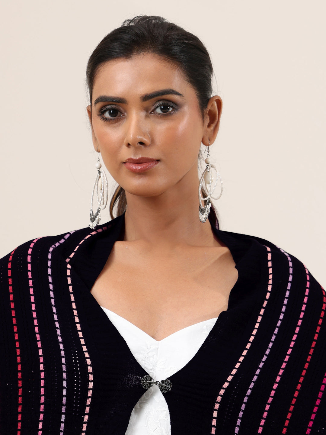  Libas Black Striped Knitted Acrylic Wrap Shawl 