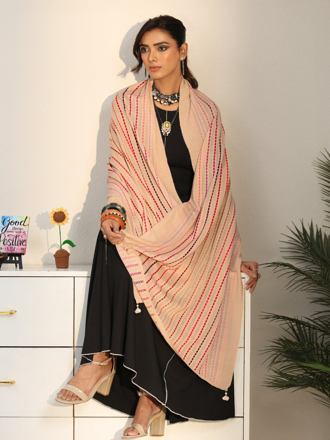  Libas Off White Striped Knitted Acrylic Shawl 