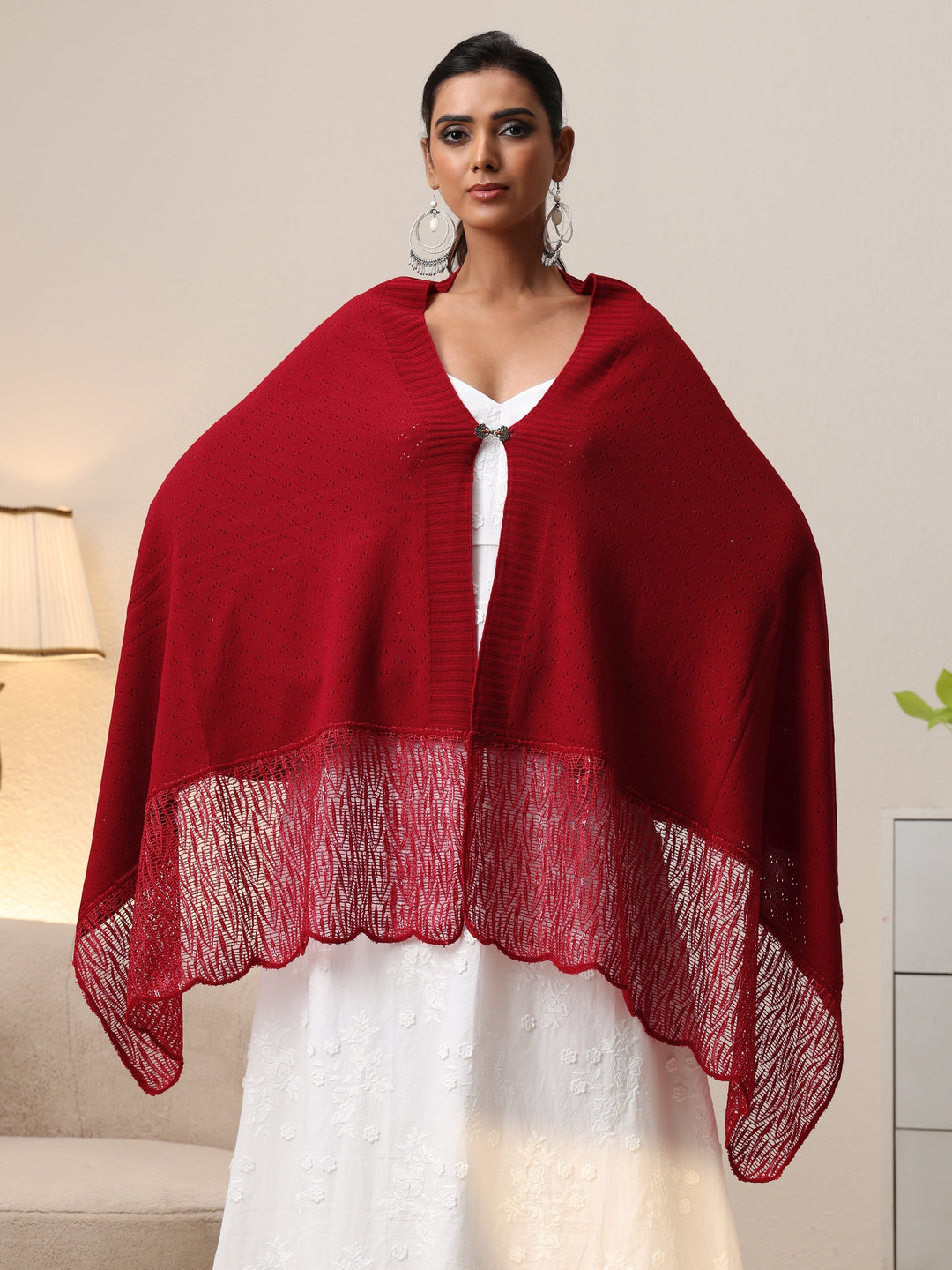  Libas Crimson Red Acrylic Wrap Shawl with Lace Border 