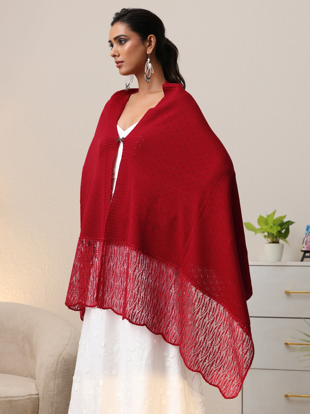  Libas Crimson Red Acrylic Wrap Shawl with Lace Border 