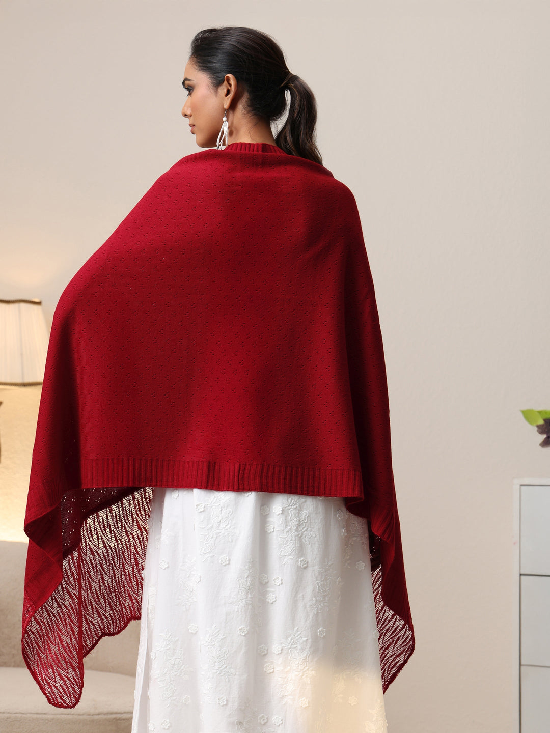  Libas Crimson Red Acrylic Wrap Shawl with Lace Border 