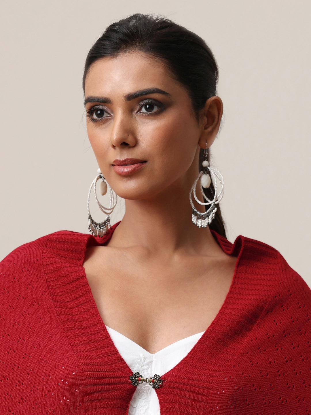  Libas Crimson Red Acrylic Wrap Shawl with Lace Border 
