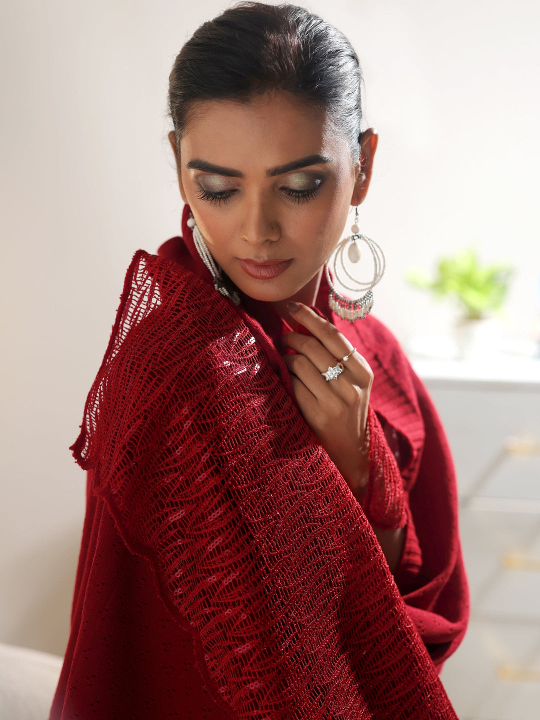  Libas Crimson Red Acrylic Wrap Shawl with Lace Border 