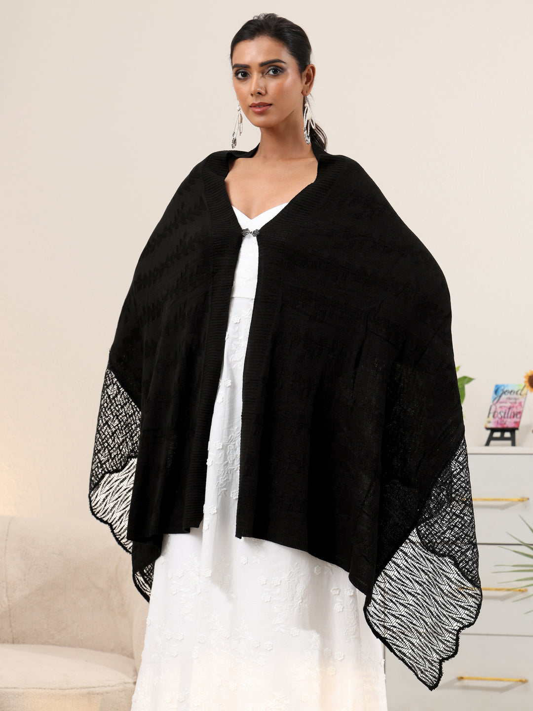  Libas Black Acrylic Wrap Shawl with Lace Border 