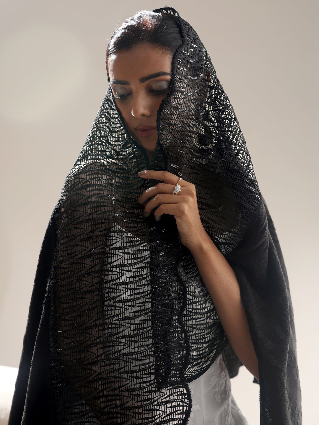  Libas Black Acrylic Wrap Shawl with Lace Border 