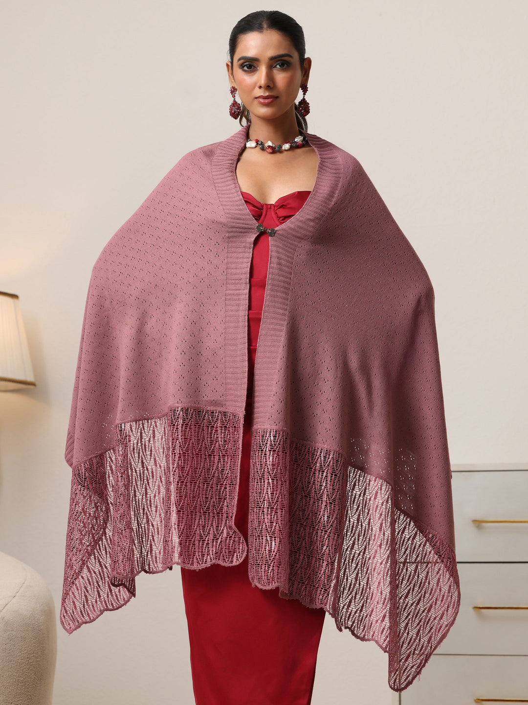 Libas Mauve Acrylic Wrap Shawl with Lace Border 