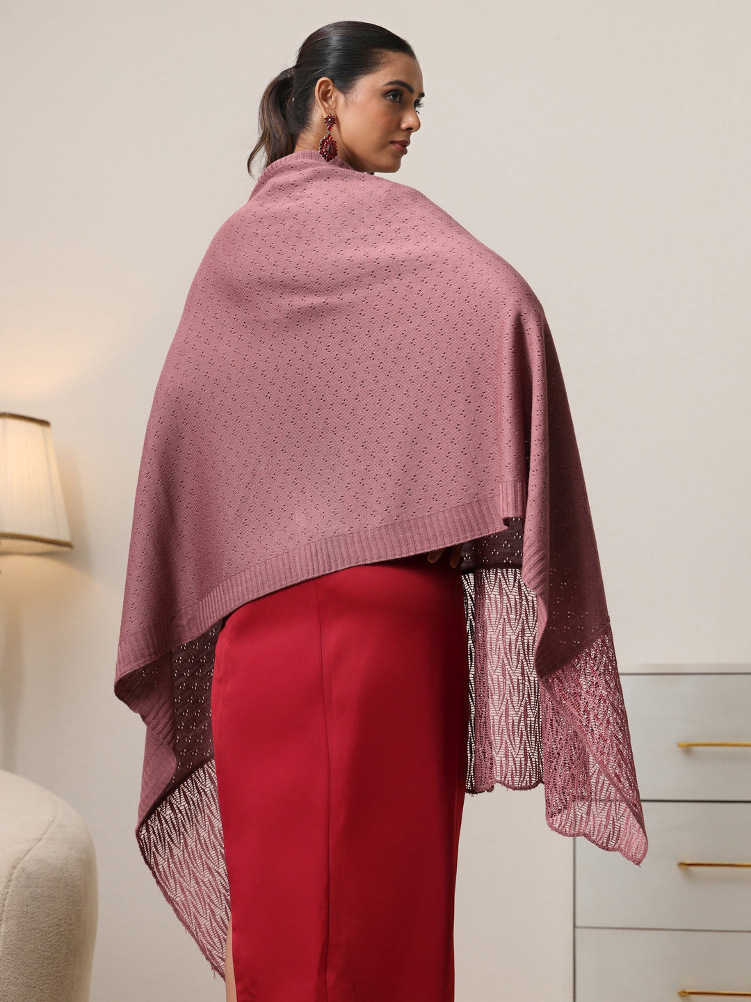  Libas Mauve Acrylic Wrap Shawl with Lace Border 