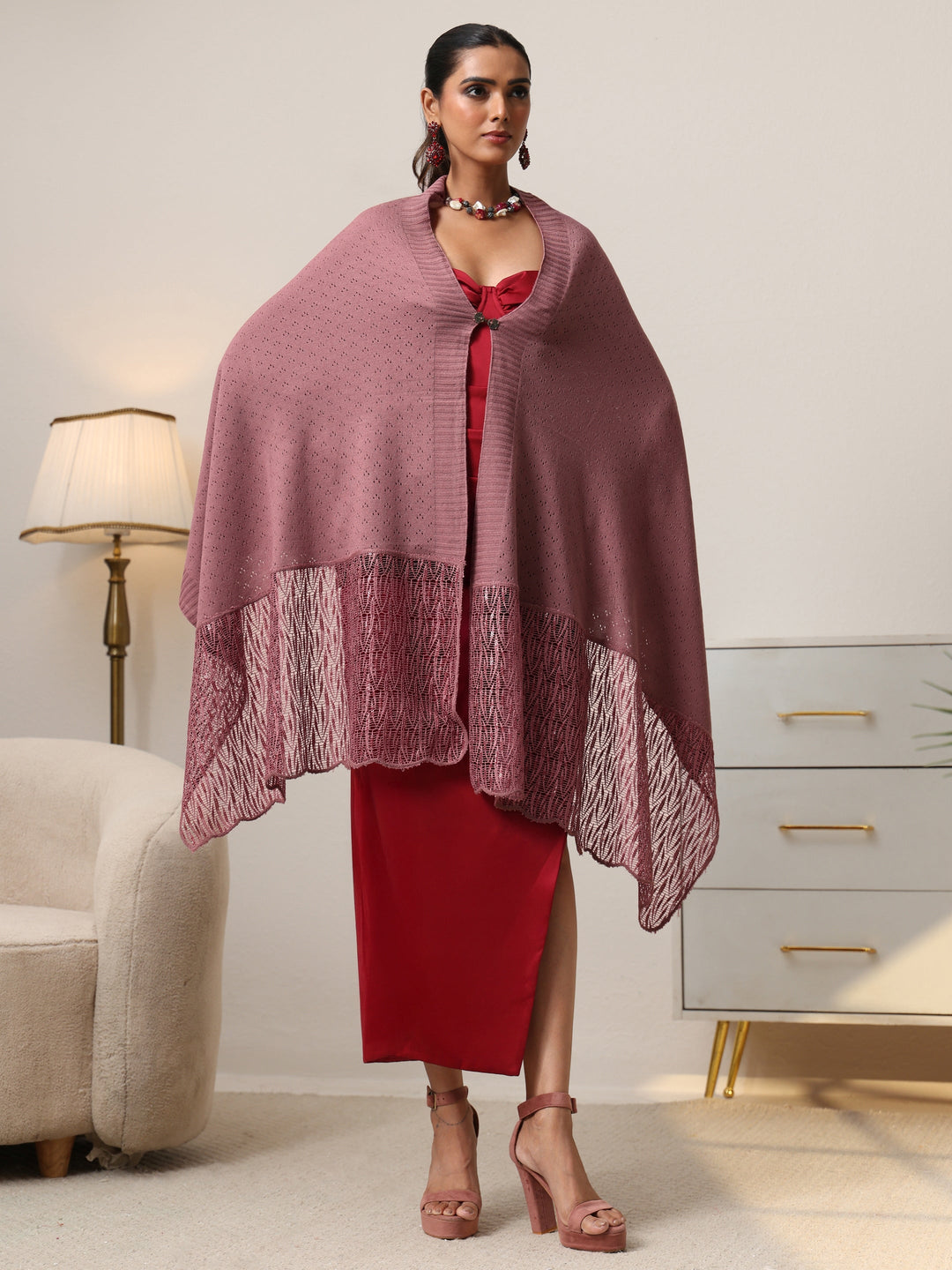  Libas Mauve Acrylic Wrap Shawl with Lace Border 