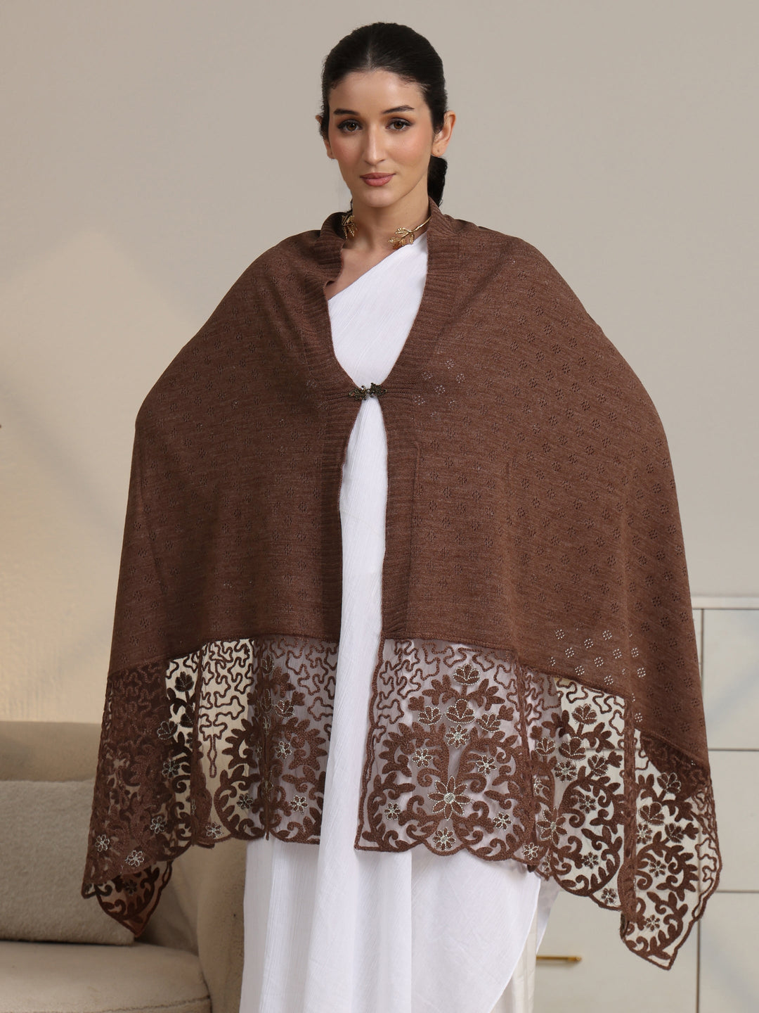  Libas Brown Knitted Lace Acrylic Wrap Shawl 
