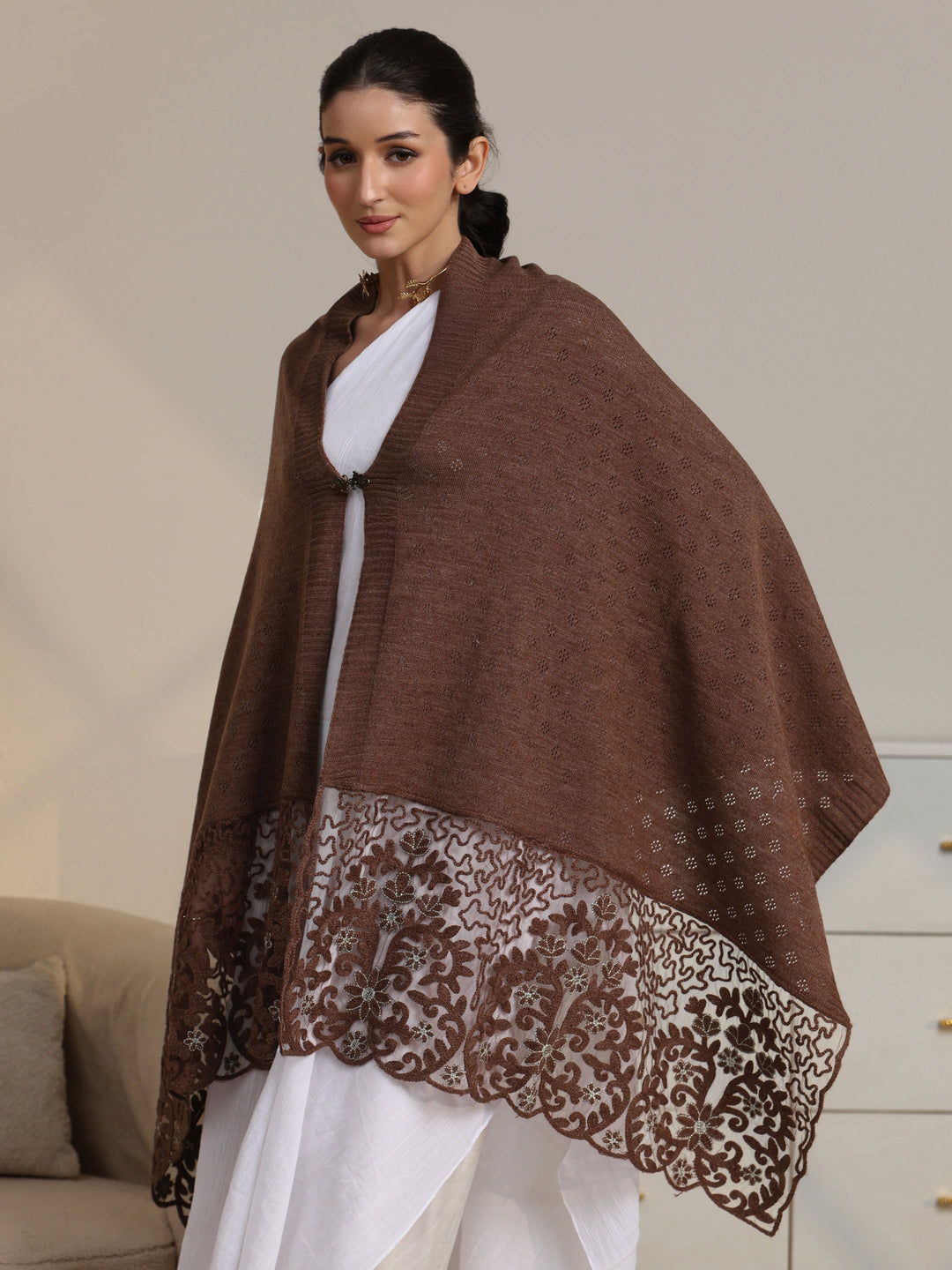  Libas Brown Knitted Lace Acrylic Wrap Shawl 