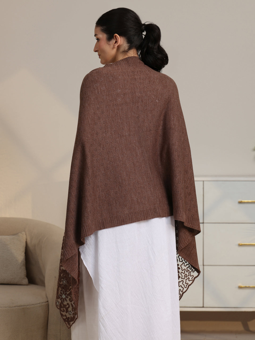  Libas Brown Knitted Lace Acrylic Wrap Shawl 