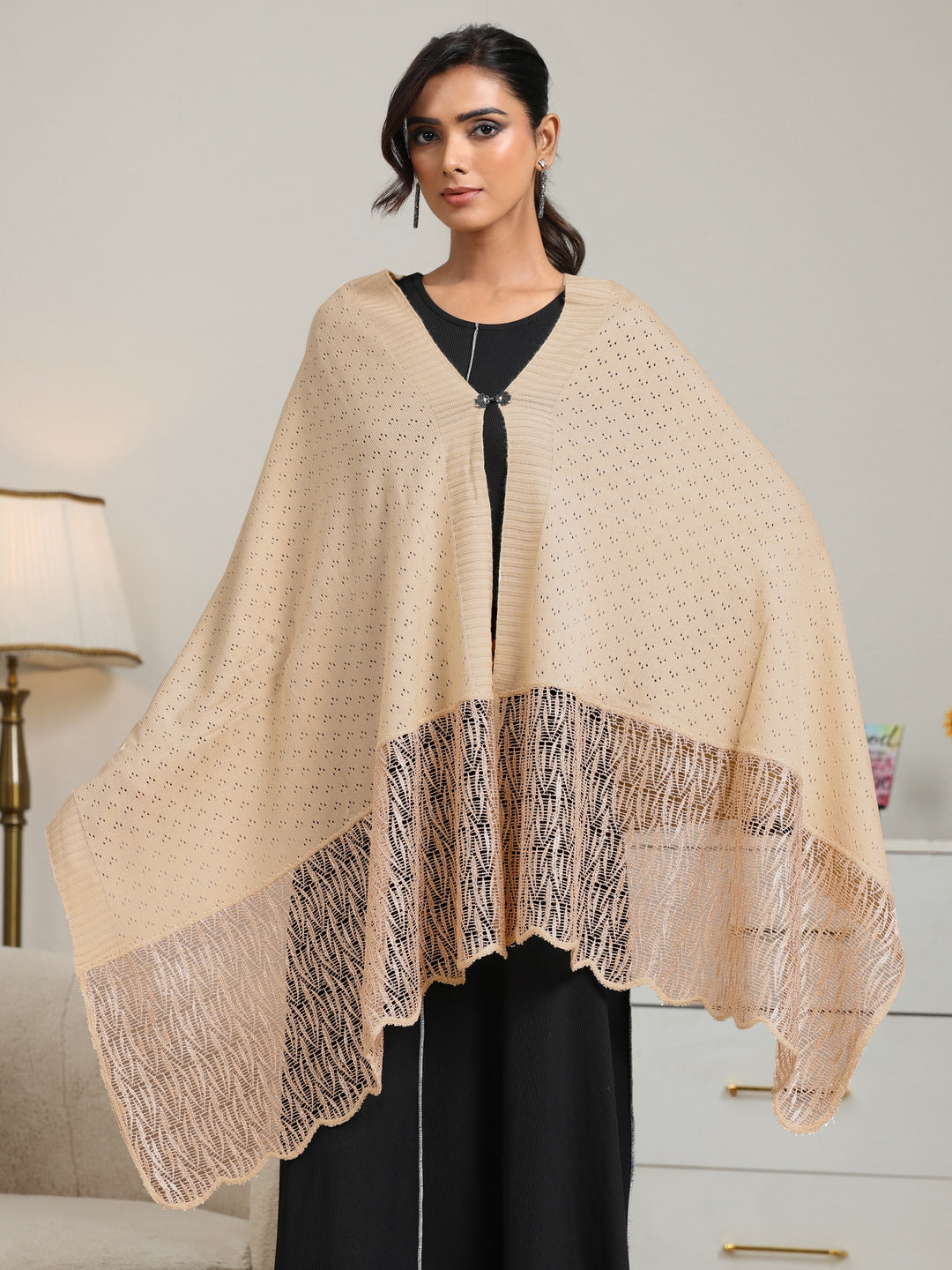  Libas Beige Acrylic Wrap Shawl with Lace Border 