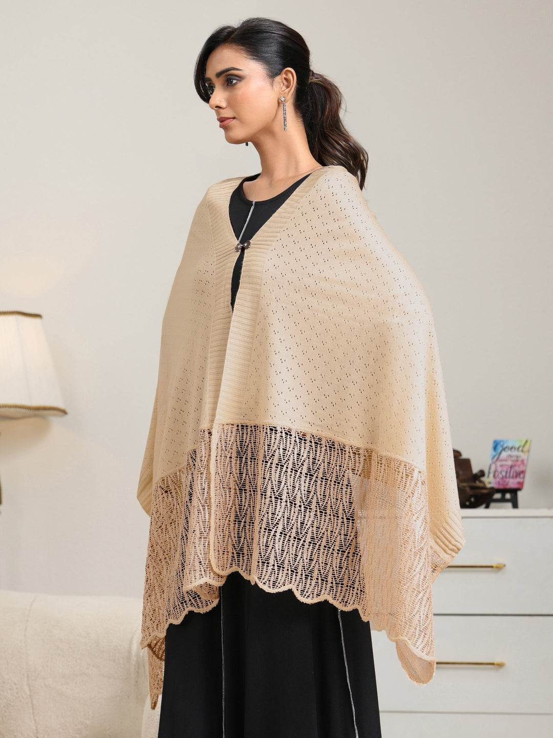  Libas Beige Acrylic Wrap Shawl with Lace Border 