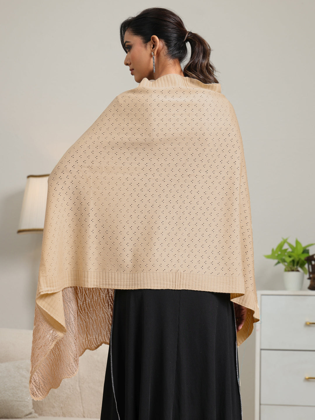  Libas Beige Acrylic Wrap Shawl with Lace Border 