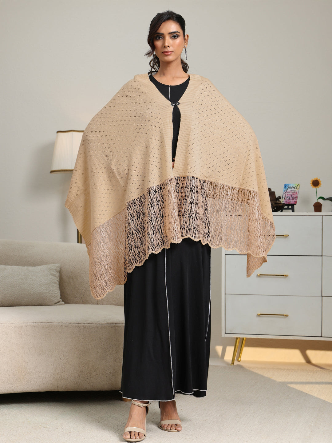  Libas Beige Acrylic Wrap Shawl with Lace Border 