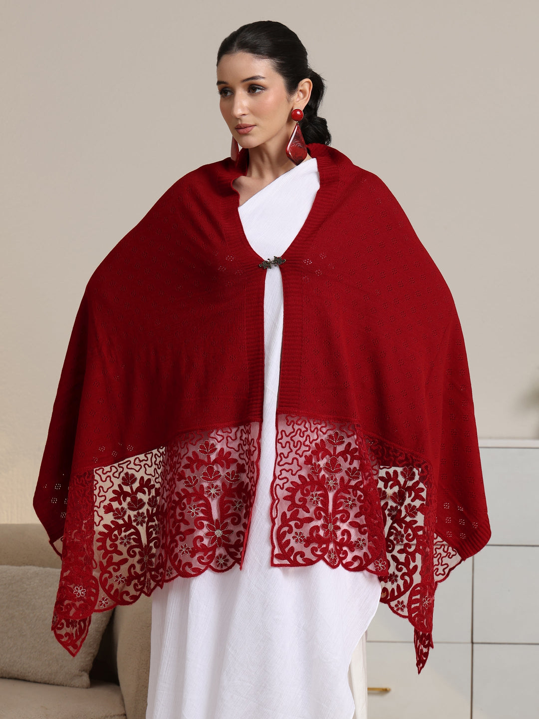  Libas Red  Knitted Lace Acrylic Wrap Shawl 