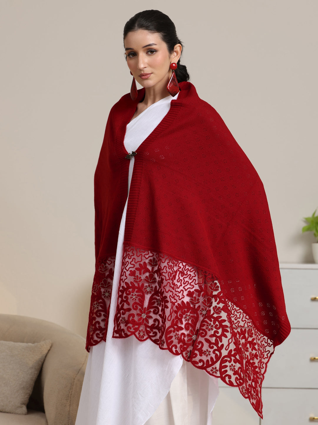  Libas Red  Knitted Lace Acrylic Wrap Shawl 