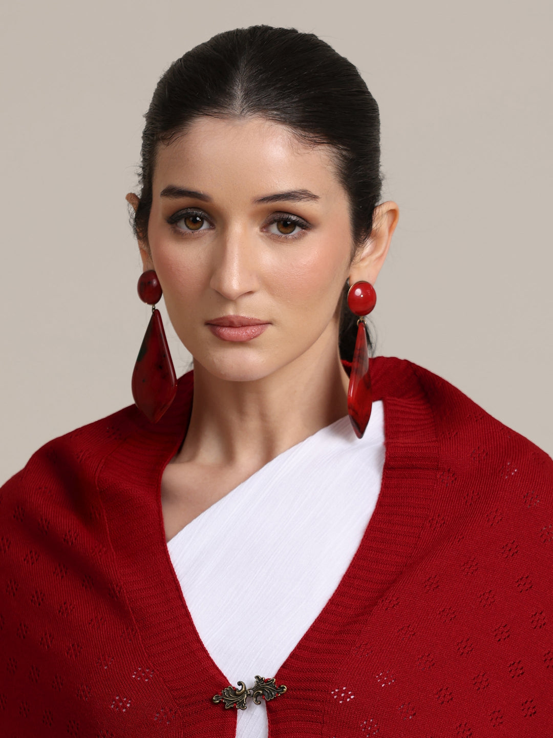  Libas Red  Knitted Lace Acrylic Wrap Shawl 