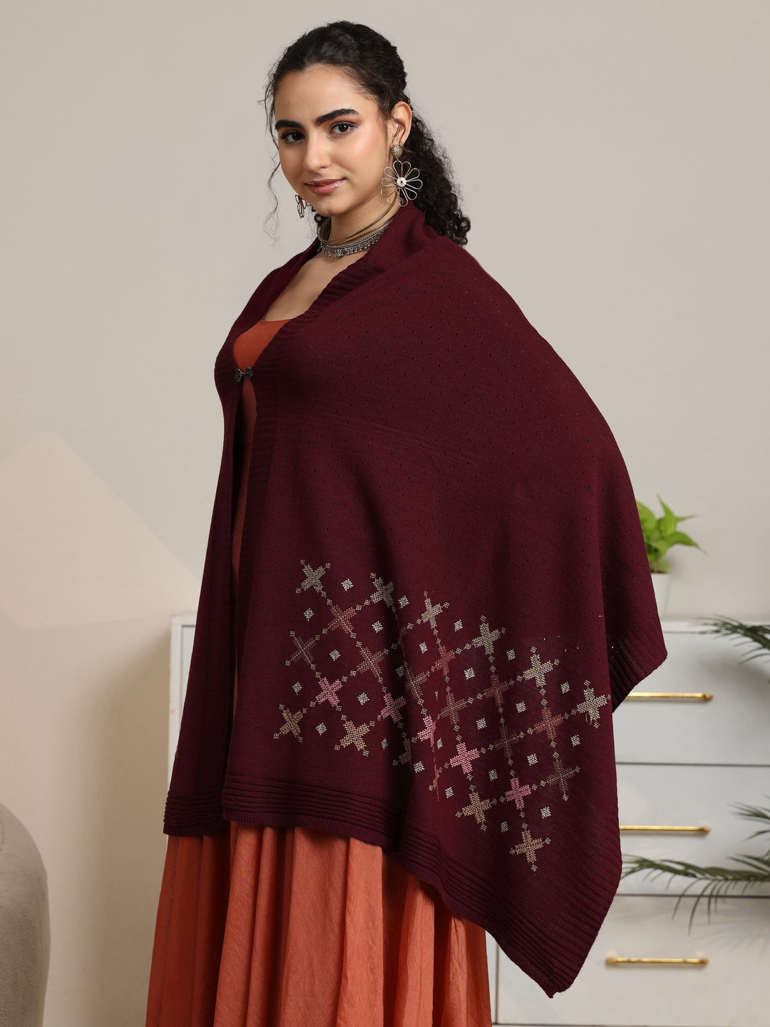  Libas Maroon Knitted Acrylic Wrap Shawl 