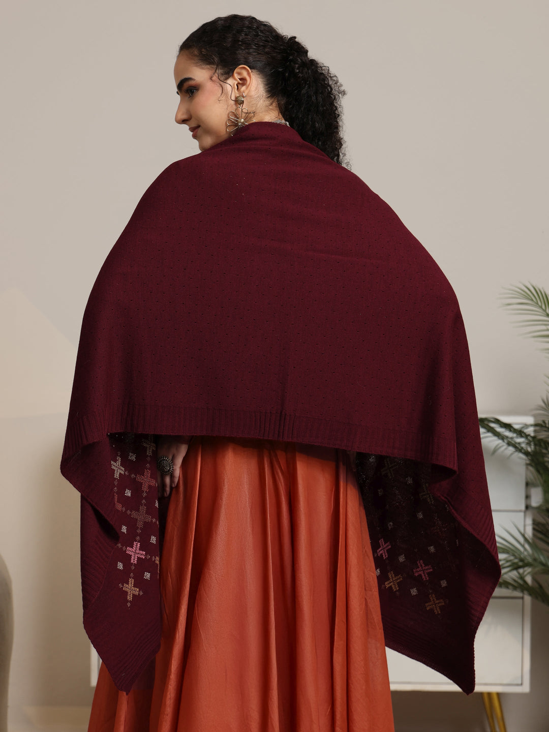  Libas Maroon Knitted Acrylic Wrap Shawl 