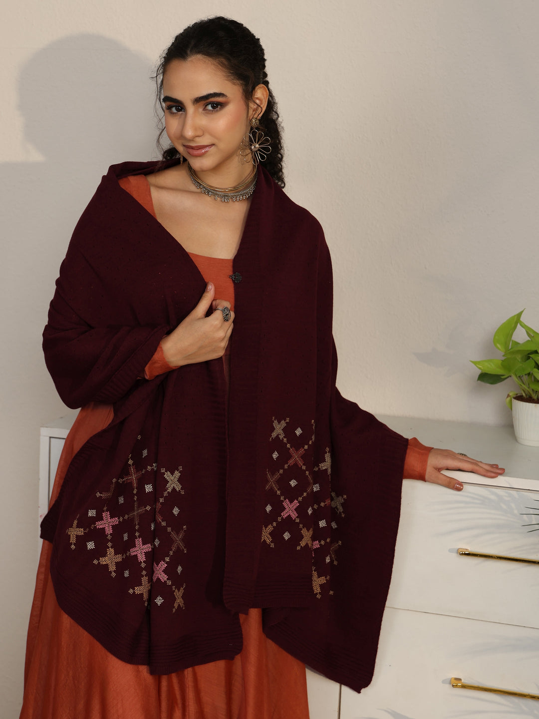  Libas Maroon Knitted Acrylic Wrap Shawl 