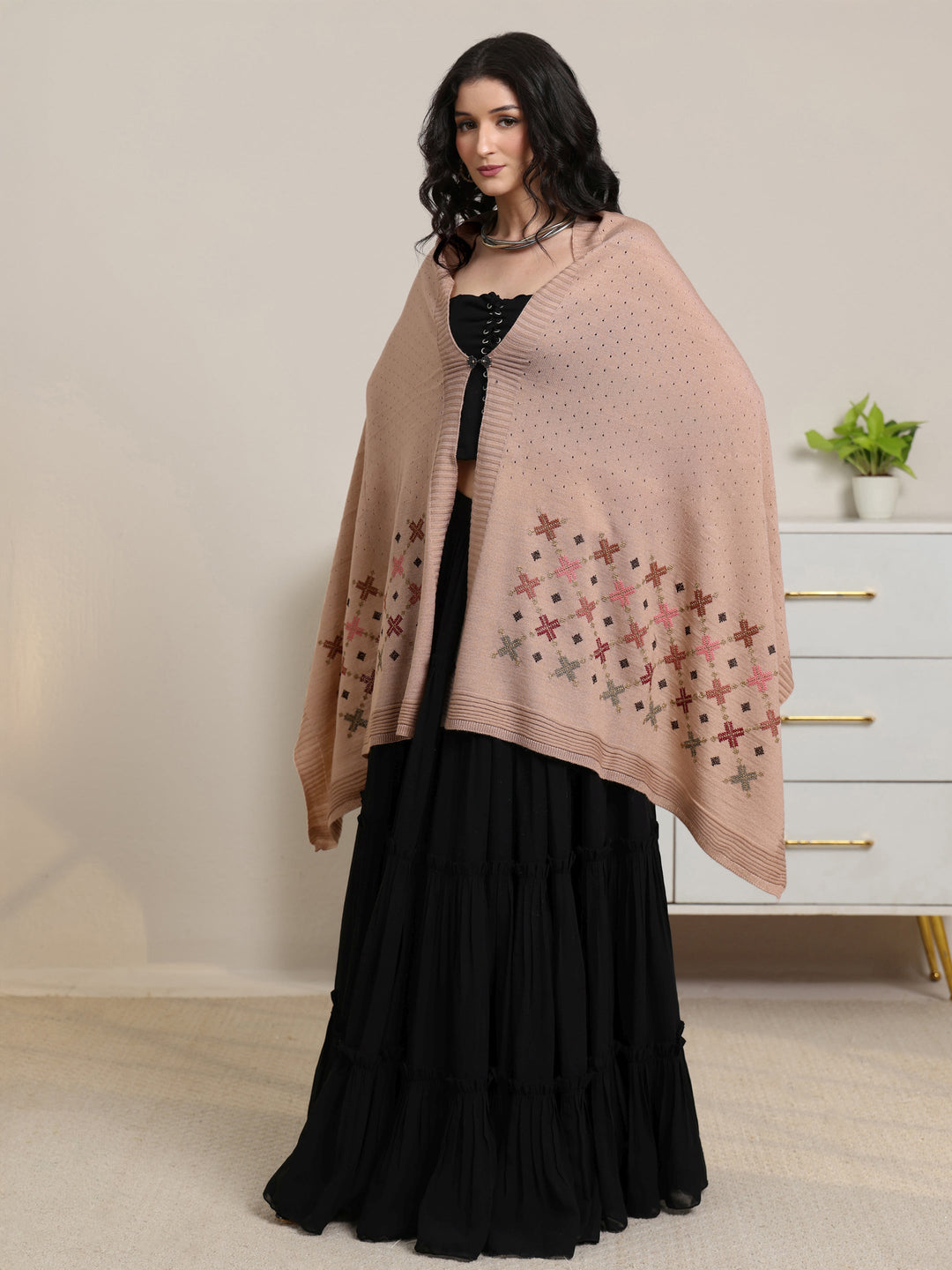  Libas Beige Knitted Acrylic Wrap Shawl 