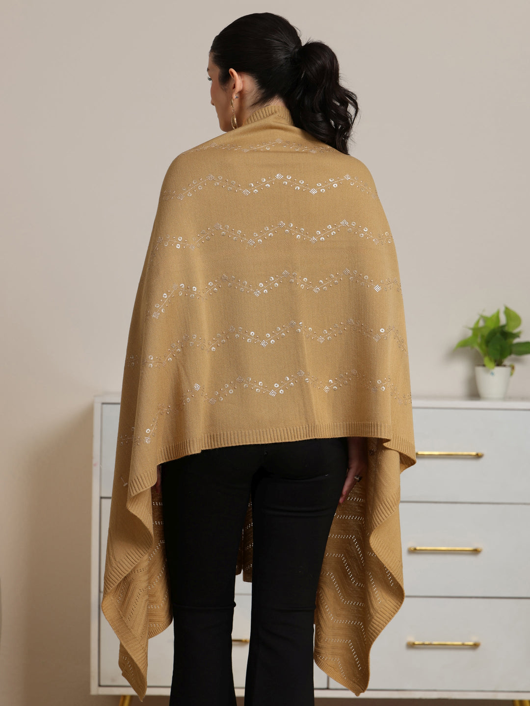  Libas Beige Foral Knitted Acrylic Wrap Shawl 