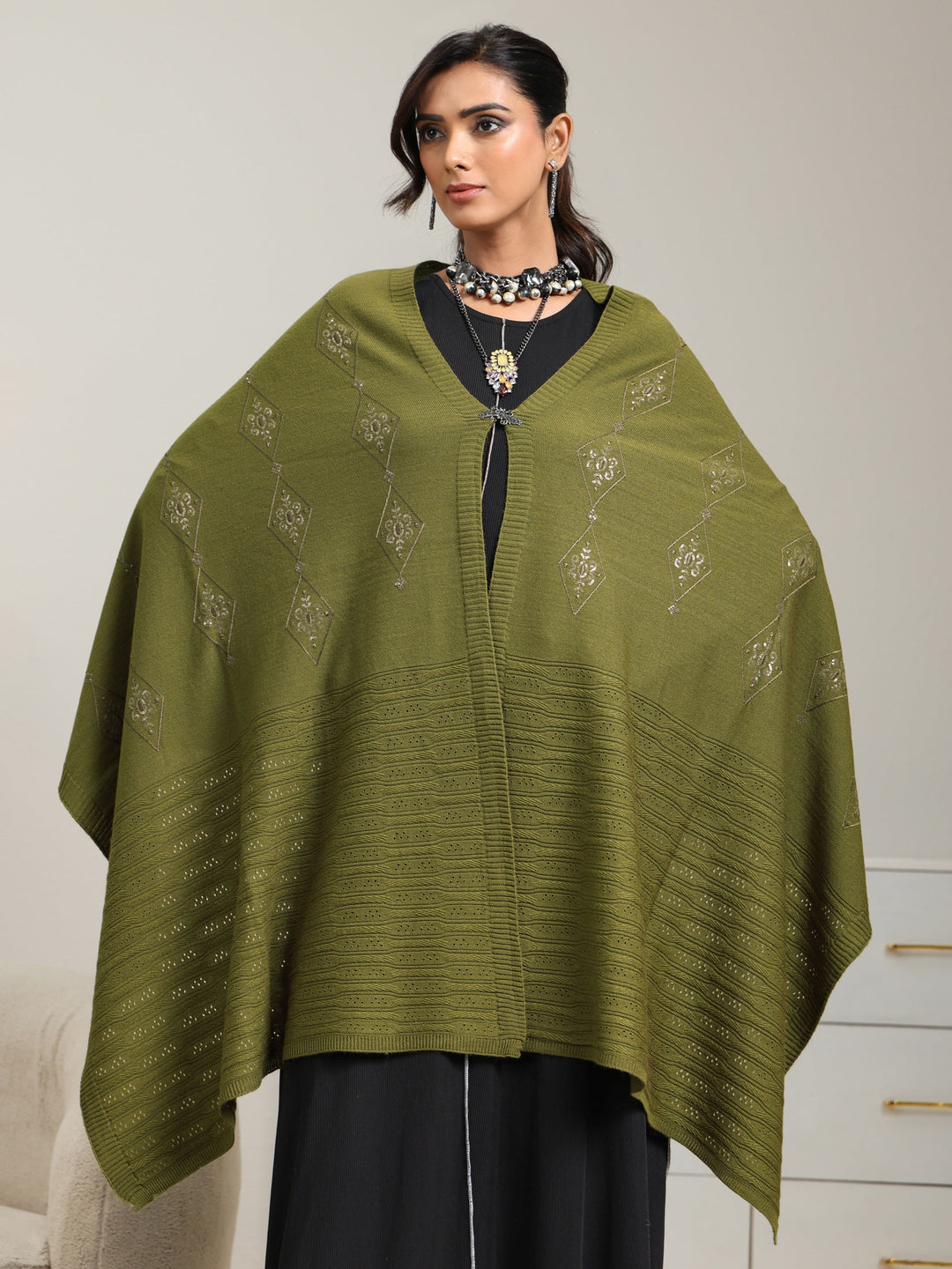  Libas Olive Green Knitted Acrylic Wrap Shawl 